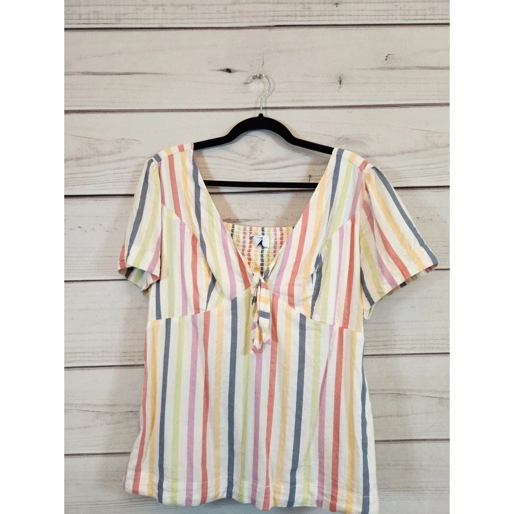 Old‎ Navy Womens Large Multicolor Stripe V-Neck Tie Front Smocked Back Blouse